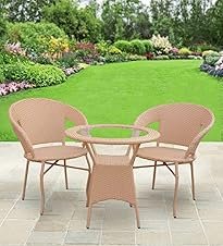 Corazzin Patio Seating Chair and Table Set of 3 Outdoor Furniture Garden Patio Seating Set 2 Chairs & 1 Table Balcony Furniture Coffee Table Sets - (Light Brown) - Hdpe Rattan Uv, 24 Inch