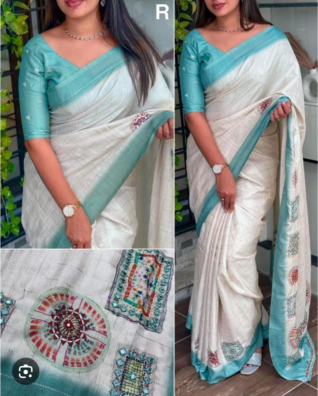 Teal blue colour Linen cotton saree